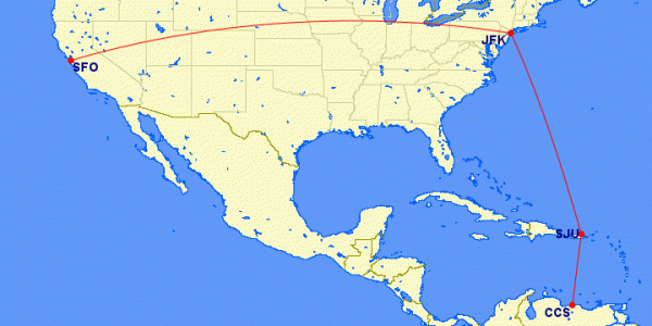 CCS-SJU-JFK-SFO: ¡Excelente! Pero requería pasar la noche en NY. Mejor paso. (4726 millas)