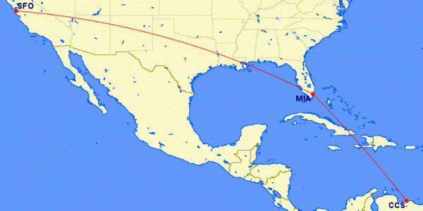 CCS-MIA-SFO: La ruta más directa que se puede tomar (3945 millas)