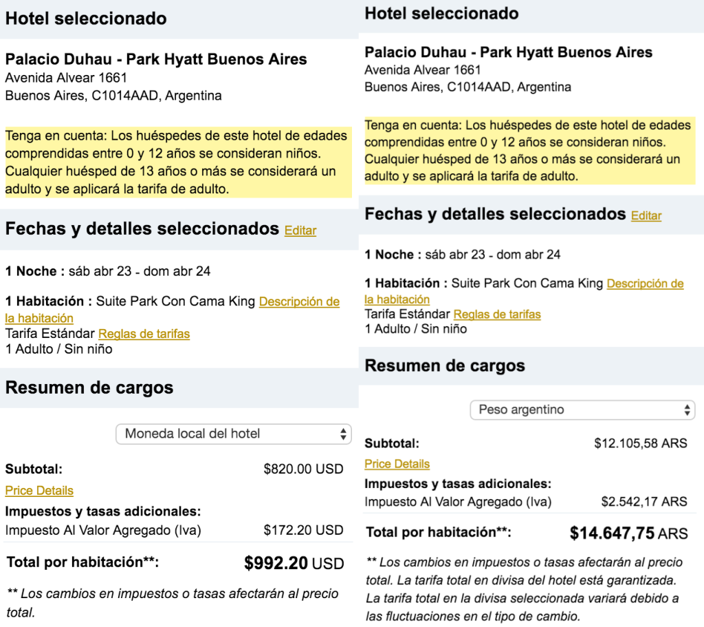 Park Hyatt - Palacio Duhau - Tarifa Park Suite King Comparacion Abril 2016